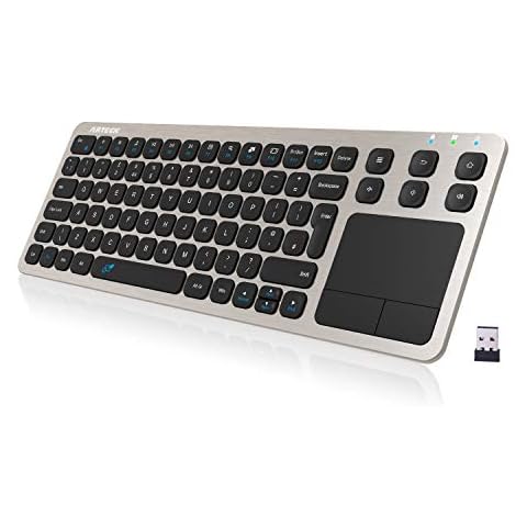 Arteck 2.4G Wireless Touch TV Keyboard with Easy Media Control and Built-In Touchpad Solid Stainless Steel Ultra Compact Full Size QWERTY UK Layout Keyboard for TV-Connected Computer, Smart TV, HTPC Cover