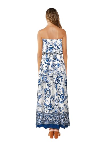 Image of ZMPSIISA Women's Summer Off The Shoulder Maxi Dress Ruffle Strapless Blue White Porcelain Boho Casual Loose Long Dresses