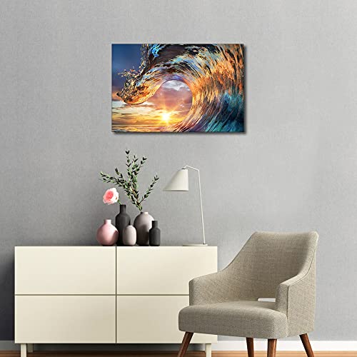 TISHIRON Canvas Wall Art Ocean Waves Painting Sunset Sea Wave Wall Decorations for Living Room Bedroom Bathroom Hang Pictures Modern Wall Office Canvas Art Prints Framed Ready to Hang (24X16in) - Image 2