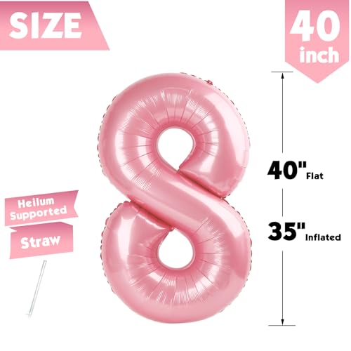 Image of 40 Inch Pastel Pink Number 8 Balloon, 8th Birthday Party Decorations | 40 Inch Pastel Pink inflatable foil number balloons, large birthday decorations for 8th birthday