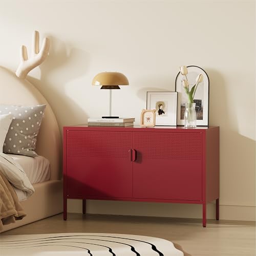Image of Metal Storage Cabinet,2 Door TV Stand, Metal Mesh Accent Cabinet