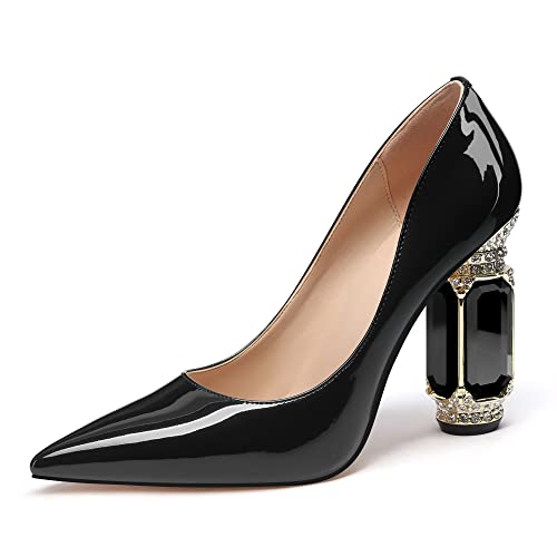 JANSEVEN Women Chunky Heels Pumps Black Crystal Block Heels with Rhinestones 4 Inches Pointed Toe Sexy Patent Leather Slip on Bridal Party Wedding Dress Shoes US Size 7