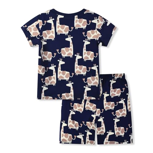 Image of HILEELANG Toddler Boy Summer Short Outfit Sets Cotton Casual Navy Blue Giraffe Top T-Shirts Shorts Playwear Clothes Sets 3T