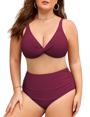 Vijamiy Costume Donna Due Pezzi Taglie Forti Vita Alta Costumi da Bagno Curvy Controllo Addominale Sexy Scollo a V Push Up Bikini L-4XL (Rosso Porpora,4XL)