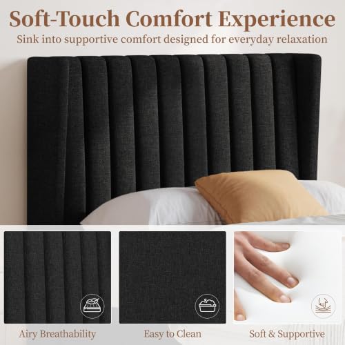 Image of Yaheetech Twin Bed Frame with Headboard,Black Channel-Tufted Platform