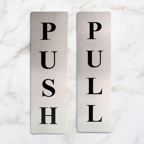 Image of Push Pull Metal Sign Stickers - Self Adhesive Stainless Steel Finish - For Glass, Wooden Doors, Office, Hospital, Mall Gate - Sticker Combo (Silver