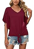 SUEANI Women's Tie Front Tops Summer V Neck 3/4 Bell Sleeve Twist Knot Shirt(Medium, Wine red)