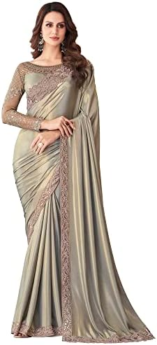 AKHILAM Women's Satin Silk Embellished Designer Saree With Blouse Piece (Metallic_SILVER27011_TFH)