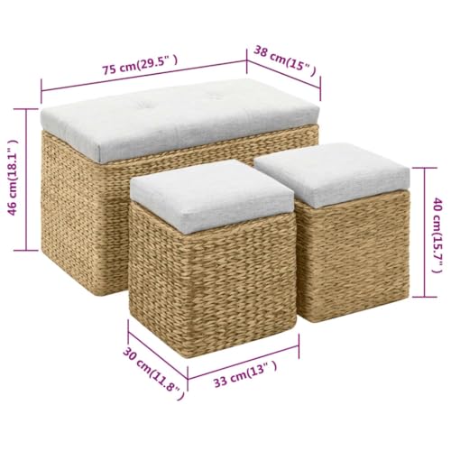 Banc avec 2 ottomans en jonc de mer gris coffre de rangement 75cm