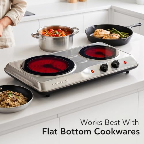 Image of Ovente Countertop Burner, Infrared Ceramic Glass Double Plate Cooktop, Indoor and Outdoor Portable Stove, 1700 Watts (BGI102)