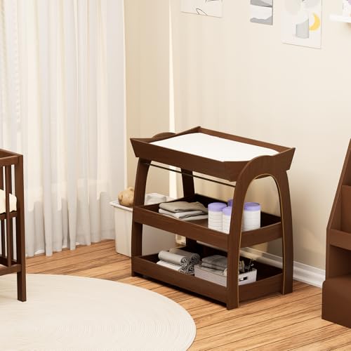 Image of Baby Changing Table, Wood Diaper Changing Table with 2-Tier Storage Shelves, Wooden Baby Changing Station for Nursery, Modern Changing Table Dresser