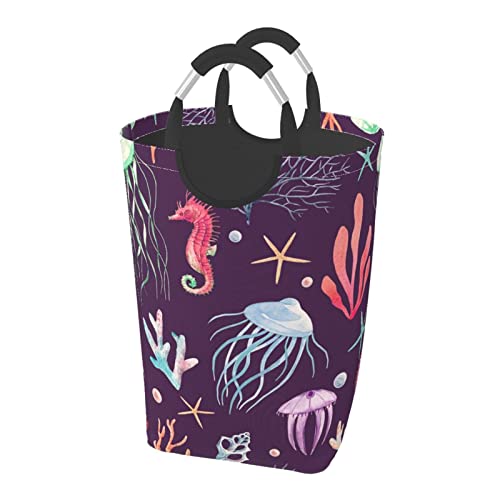 海の生き物柄 クラゲ柄 ランドリーバスケット 洗濯ボックス 収納バッグ 大容量 折り畳み式 持ち運び 撥水 ハンドル付き 軽量 省スペース おしゃれ 適した ホテル ユーティリティルーム トイレ キッチン(50l 32*28*57.5cm)