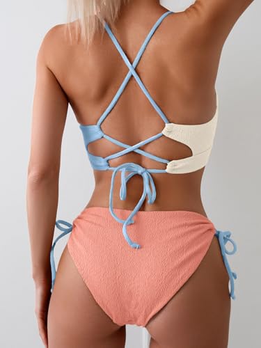 B2prity Women's Sexy Bikini Set Color Block Lace Up 2 Piece Bathing Suit Tie Side Swimsuit3