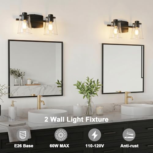 Image of Bathroom Light Fixture, 14 Inches 2-Light Matte Black Vanity Light
