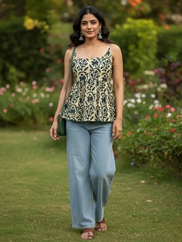 Image of Aahwan Printed Round Neck Sleeveless Backless Short Flared Western Ethnic Kurti Top for Women's & Girl's