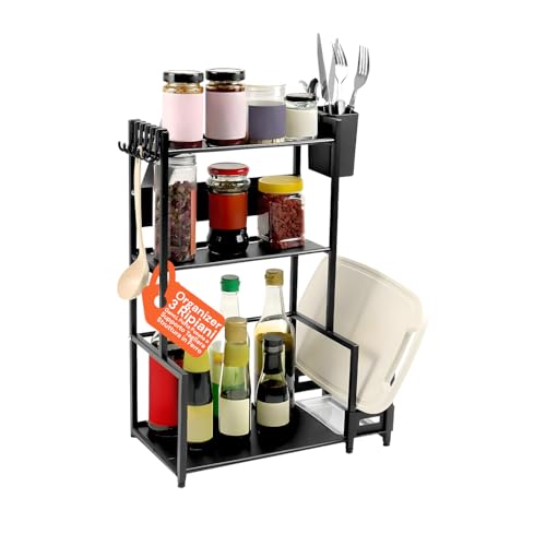 Avilia - Organizer Cucina Scaffale a 3 Ripiani con Ganci, Porta Posate e Supporto Tagliere, Struttura in Ferro Stabile Facile da Montare, Mobile Salvaspazio per Utensili e Accessori
