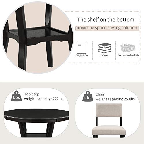 Merax 5 Pieces Dining Table Set Round Table With Bottom Storage Shelf, 4 Upholstered Chairs For Kitchen Dining Room（Espresso） #TOP3