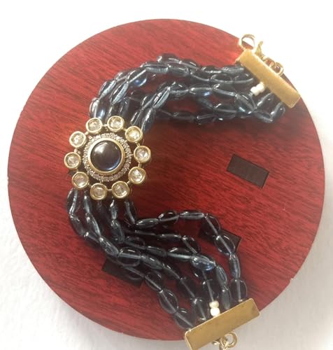 Image of Rakhi loomba Elegant Multi-Strand Bracelet, Blue Glass Beads, Kundan Flower Centre, Gold-Tone Clasp