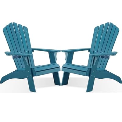 Psilvam Adirondack Chair, Oversized Poly Lumber Fire Pit Chair with Cup Holder, 350Lbs Support Patio Chairs for Garden, Weather Resistant Outdoors Seating, Relaxing Gift for Father & Mother(2, Blue)