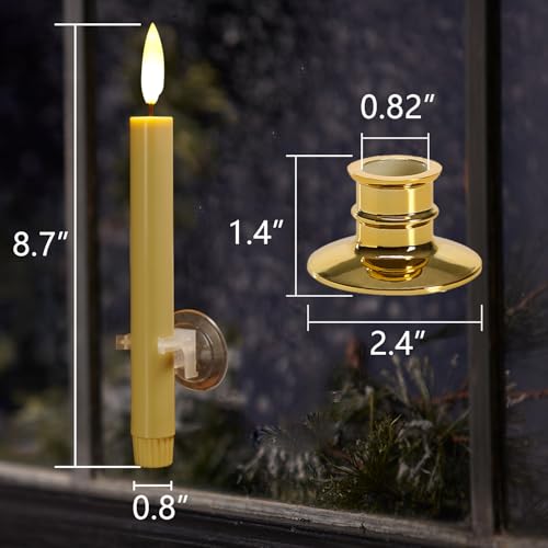 Image of NONNO & ZGF 6 Pack Flameless 8.7'' Window Candles with 12 AA Batteries(Include) +6 Bows(with Bells) +6 Suction Cups+6 Golden Candleholders. Battery Powered Ivory Taper Candle with Remote and Timer