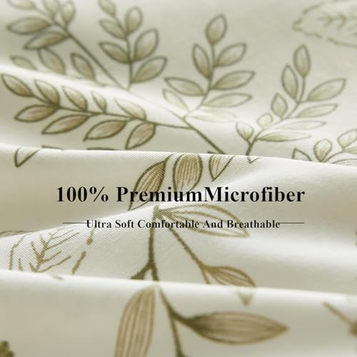Image of Floral Duvet Cover Queen Size Reversible Olive Green Botanical Flower Bedding Set 3 Pieces Vintage Aesthetic Soft Lightweight Comforter Cover Set for Women Girls with 2 Pillowcases