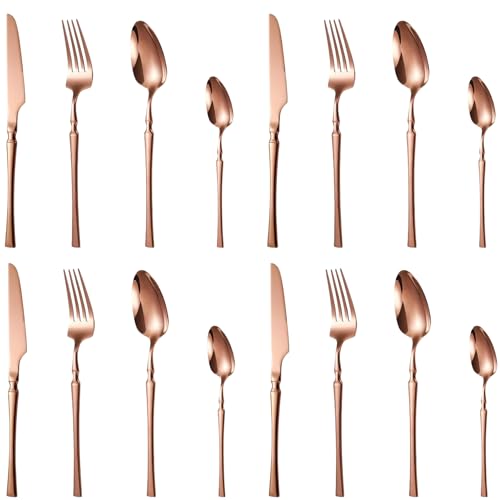 Image of aDai Rosegold Silverware Set | Satin Finish 16-Piece Korean Vintage Style Flatware Set | Dishwasher Safe Stainless Steel Cutlery for Home, Restaurant & Gifting