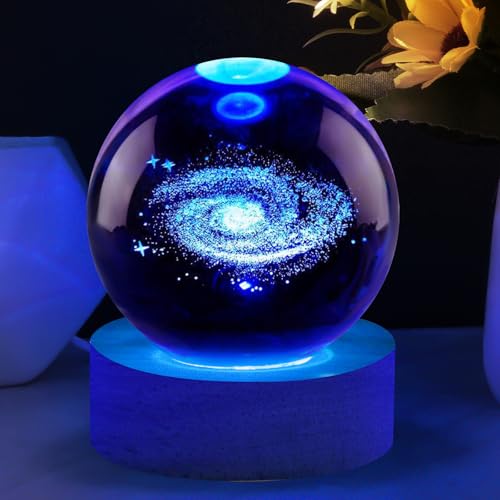 Vicloon Candeeiro de bola de vidro do sistema solar 3D, 6 cm bola de Cristall 3D com base de lâmpada LED, bola de Cristall com base de candeeiro, 3D Galaxy Ball luz noturna para casa