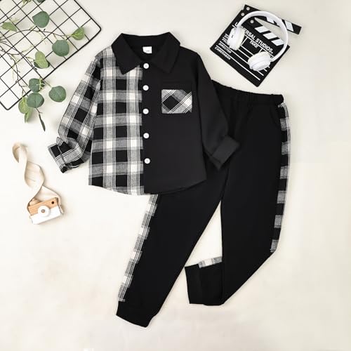 Image of Boy Clothes Fall Winter Outfits Long Sleeve Plaid Patchwork Button Down Shirt + Casual Pocket Sweatpants 5-14 Years