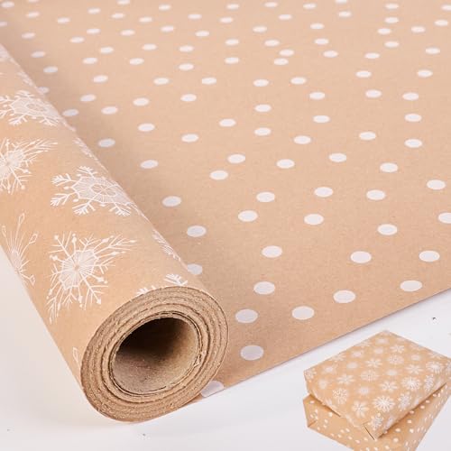 HBell Rotolo di carta regalo natalizia, 43 cm x 10 m, carta da regalo double-face, reversibile, per decorazioni natalizie, feste, fai da te (fiocchi di neve)