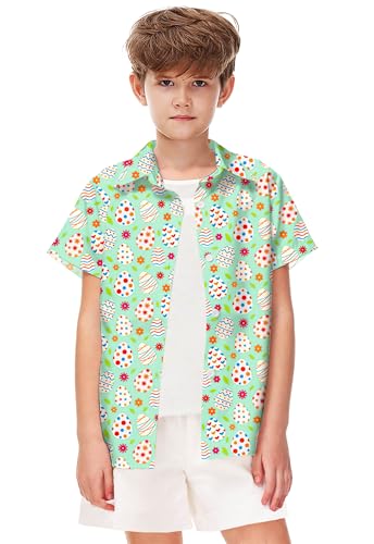 Image of Remimi Unisex Kids Hawaiian Button Up Shirt Boys Funny Print Aloha Beach Short Sleeve Tops 5-14 Years