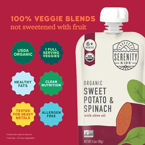 Image of Serenity Kids Organic Spinach Baby Pouches, No Added Sugar, 3.5 Oz, 12 Pack | Baby Food, Toddler Food Pouch, No Added Sugar Toddler Pouches, USDA Organic, Veggie First, 6M+, GMO-Free, Recycle After Use
