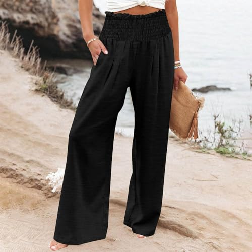 Women Linen Palazzo Pants Summer Wide Leg High Waisted Baggy Lounge Pants Trousers 2025 Beach Vacation Outfits2