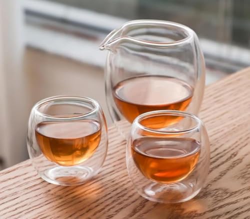 AOBOPO おしゃれ可愛い 耐熱ガラスティーセット 茶海・湯冷まし・湯呑み・タンブラー・ティー付き ダブルウォール 真空断熱 二重グラス タンブラー お茶専用 家庭用(日常お茶時間・来客) 保温保冷 透明感豊か 衛生的 長期使用可能