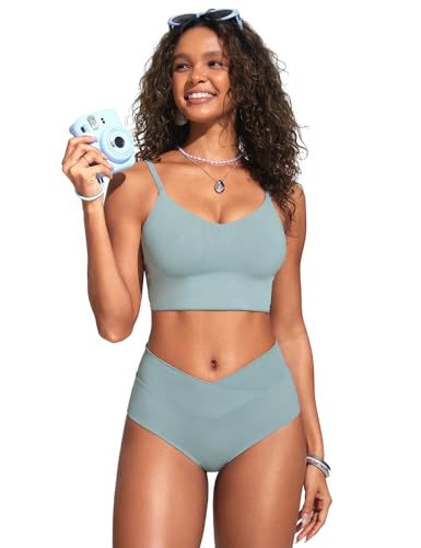 Image of CRZ YOGA V-Shaped High Waited Bikini Bottoms | Mid Cut Leg, Medium Bum Coverage, Cross Front, Swim, Bathing Suit Briefs for Women