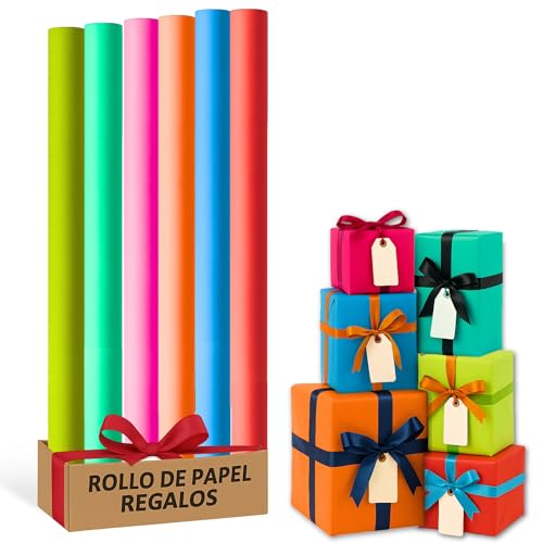 Rollo de papel para envolver regalos, Papel Regalo Cumpleaños, Papel Regalo Navidad, Papel navideño, Tamaño 70 cm x 2 Metros, Contiene 6 Rollos con diseños de Colores Lisos Multicolor