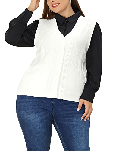 Agnes Orinda Plus Size Cable Knit Sweater Vest For Women Button Sleeveless Pocket Cardigan Vests Outwear 1X White #TOP30