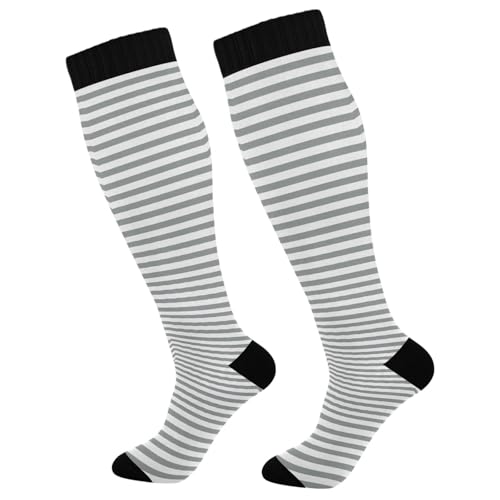 CZXW 1 Pair Grey White Stripes Compression Socks 20-30mmHg Knee High Women Socks Tube Athletic Stockings for Men Sport Soccer Running Cycling Medical Nurse Winter Travel