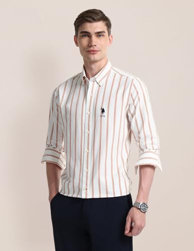 Image of U.S. Polo ASSN. Striped Regular Fit Cotton Shirts for Men - 100% Cotton, Full Sleeve Mens Casual Shirts