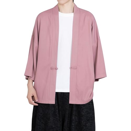 Image of PRIJOUHE Men's Kimono Jackets Cardigan Casual Cotton Blends Linen Seven Sleeve Open Front Embroidery Coat
