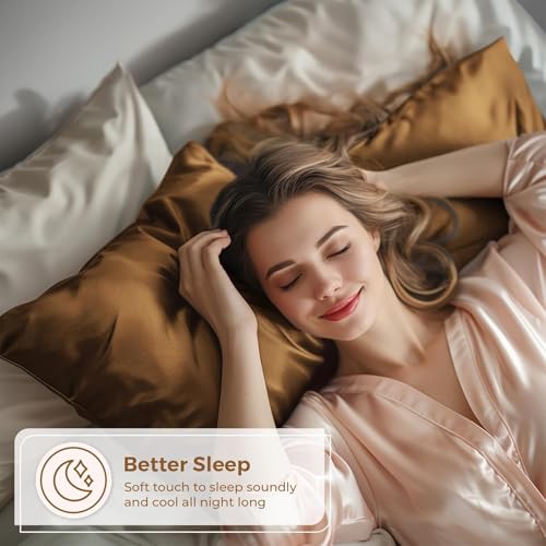 Image of Satin Pillow Covers Set of 2 with 3 Free Random Color Hair Scrunchies - Anti-Frizz, Skin-Friendly, Soft & Durable Pillowcase Set for All Hair Types (Chocolate)