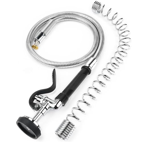 Spray Valve with 45” Commercial Sink Sprayer Hose and Pre Rinse Spring, Pre Rinse Sprayer with Flexible Stainless Steel Hose & Spring Assembly for Commercial Kitchen Faucets (Black)