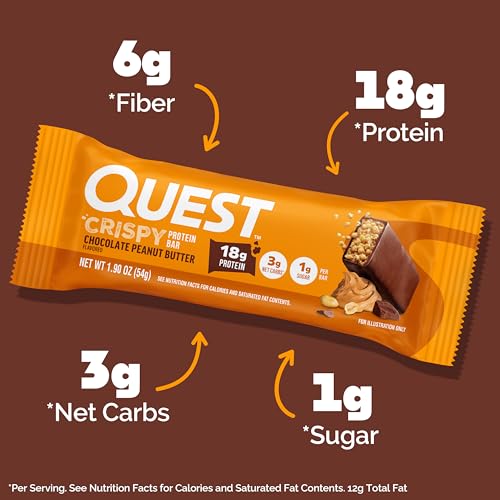 Image of Quest Nutrition Crispy Chocolate Peanut Butter Hero Protein Bar, 18g Protein, 1g Sugar, 3g Net Carb, Gluten Free Protein Snack, Keto Friendly, 12 Count