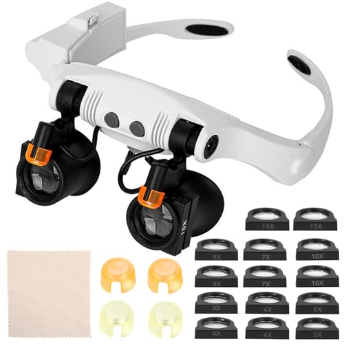 Gafas de lupa con luz, lupa con cinta para la cabeza, lupas manos libres con 2 luces LED, objetivo intercambiable 3 x 4 x 5 x 6 x 7 x 10 x 15 x para hobby, lectura, electricistas, joyeros, costura