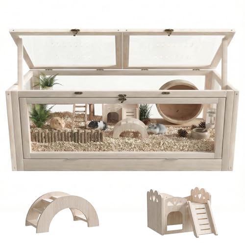 Wooden Hamster Cage with Small House and Bridge, Small Animal Habitat with Lockable Design, Openable Top and Front Doors for Gerbil, Guinea Pig, Rat, 32" L x 16" W x 16" H