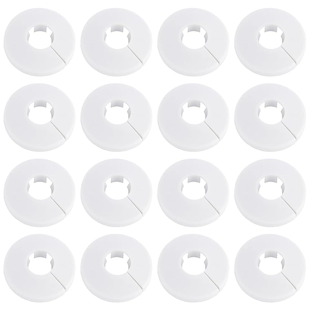 TRKETK 16 Pcs White Radiator Pipe Cover, Plastic Collars Tidy Decoration Lightweight Escutcheon Cover Plate White Plastic Pipe Sleeve 20 mm Diameter Ring for Radiator, Heating Decoration