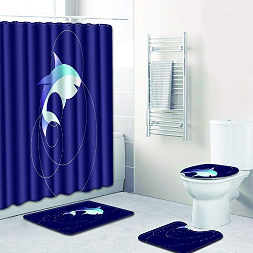 XUEPING 4 Stück Badematten-Sets (Duschvorhang+Rutschfester Badezimmer-Teppich+Teppichboden+WC-Sitzbezug) 5 Meeresmuster…