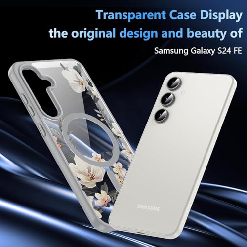 Image of VONZEE Compatible with Samsung S24 FE 5G Case Luxury Retro Flowers Floral Clear for Magnetic Wireless Charging Case Shockproof Case PC+TPU Cute Glossy Shiny Cover for Girls Women|Grey