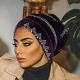 Bohend Rhinestone Turban Headband Sleep Headwrap Wide Sparkly Sleep Crystal Muslim Hat Headwear Beanie Velvet Hat Cap Hair Wrap For Women and Girls (Deep purple)