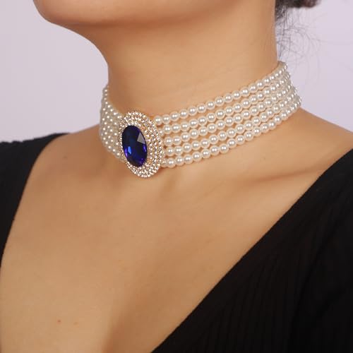 Women Multilayer 1920s Green Blue Silver Rhinestone Necklaces Dainty Pearls Layered Choker Necklaces Fashion Chunky Pearls Pendant Multilayer Adjustable Layering Necklaces for Women3