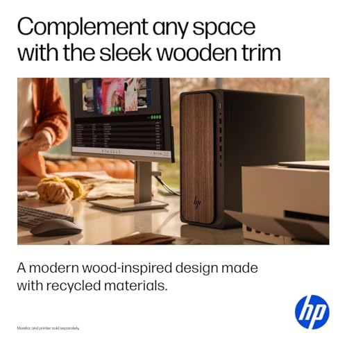 Image of HP OmniDesk Desktop M03 Ai Tower Computer - Series 2 Intel Core Ultra 9-285 Processor, 32GB DDR5 RAM, 8TB PCIe NVMe SSD, Intel UHD Graphics, Wi-Fi 6 (2x2), Bluetooth 5.4, Windows 11 Home, Dark Wood